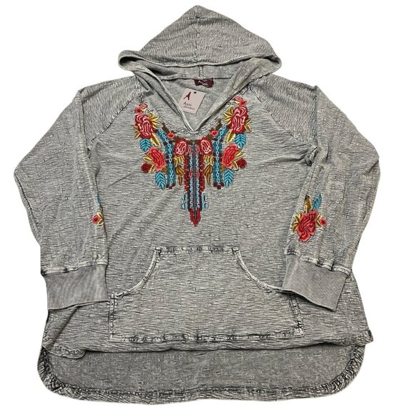 Avani del Amour Hoodie Women XL Gray Embroidered Pullover Sweatshirt Boho Hippie - Picture 1 of 9